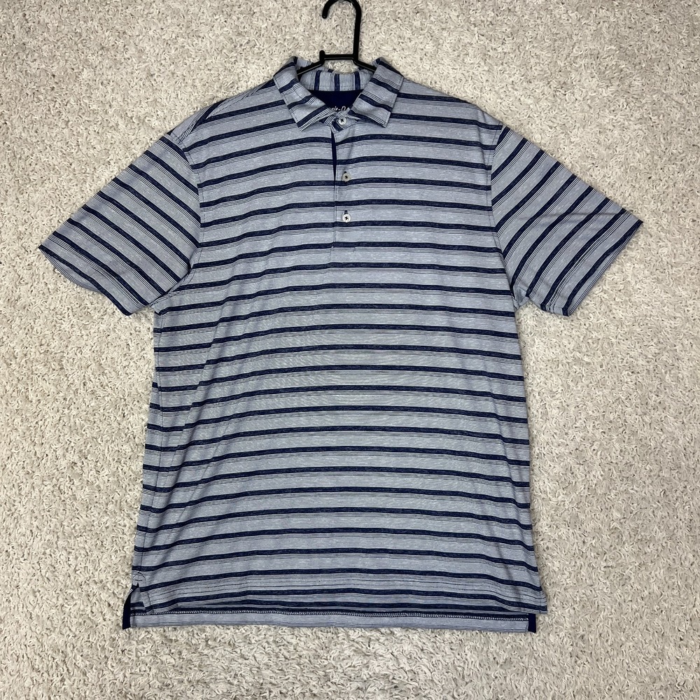 Johnnie O Polo Shirt Mens Size Large Gray Blue Striped Classic Preppy Basic